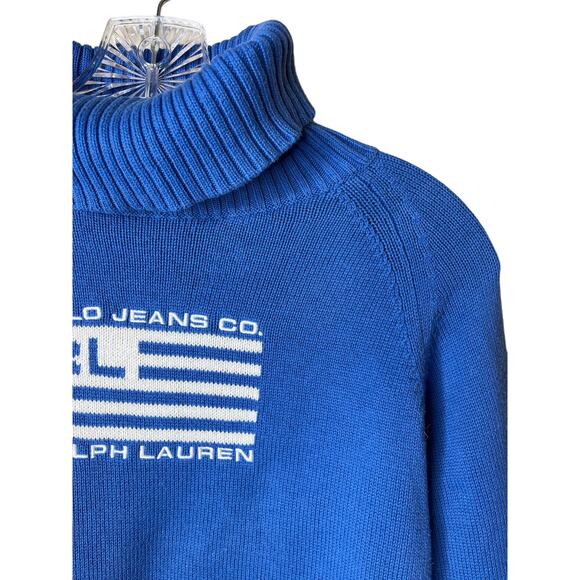VIntage 90's Polo Jeans Co Ralph Lauren Blue American Flag Logo Pullover Sweater - Picture 2 of 9